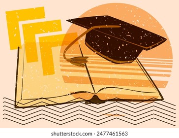 Risograph book and Graduation Cap with geometric shapes. Objects in trendy riso graph print texture style design with geometry elements.