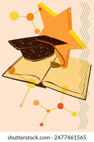 Risograph book and Graduation Cap with geometric shapes. Objects in trendy riso graph print texture style design with geometry elements.