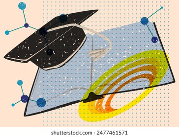 Risograph book and Graduation Cap with geometric shapes. Objects in trendy riso graph print texture style design with geometry elements.