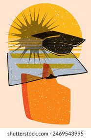 Risograph Book and Graduation cap with speech bubble with geometric shapes. Objects in trendy riso graph print texture style design with geometry elements.