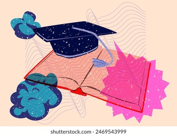 Risograph Book and Graduation cap with speech bubble with geometric shapes. Objects in trendy riso graph print texture style design with geometry elements.