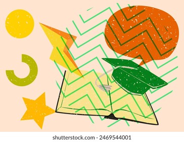 Risograph Book and Graduation cap with speech bubble with geometric shapes. Objects in trendy riso graph print texture style design with geometry elements.