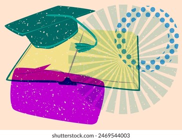 Risograph Book and Graduation cap with speech bubble with geometric shapes. Objects in trendy riso graph print texture style design with geometry elements.