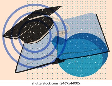 Risograph Book and Graduation cap with speech bubble with geometric shapes. Objects in trendy riso graph print texture style design with geometry elements.