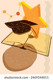 Risograph Book and Graduation cap with speech bubble with geometric shapes. Objects in trendy riso graph print texture style design with geometry elements.