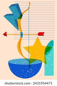 Risograph Bow and arrow with geometric shapes. Objects in trendy riso graph print texture style design with geometry elements.