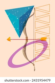 Risograph Bow and arrow with geometric shapes. Objects in trendy riso graph print texture style design with geometry elements.