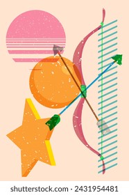 Risograph Bow and arrow with geometric shapes. Objects in trendy riso graph print texture style design with geometry elements.