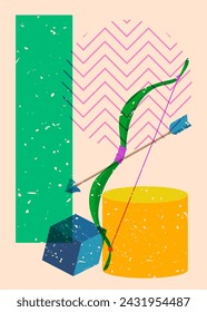 Risograph Bow and arrow with geometric shapes. Objects in trendy riso graph print texture style design with geometry elements.