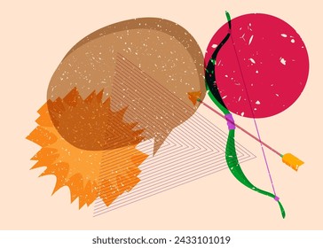 Risograph Bow and arrow with speech bubble with geometric shapes. Objects in trendy riso graph print texture style design with geometry elements.
