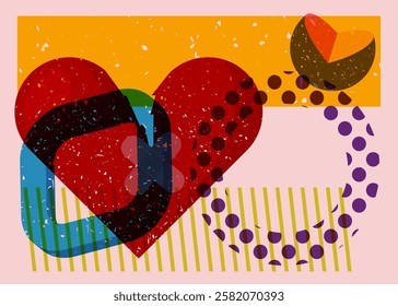 Risograph Broken Heart with geometric shapes. Objects in trendy riso graph print texture style design with geometry elements.