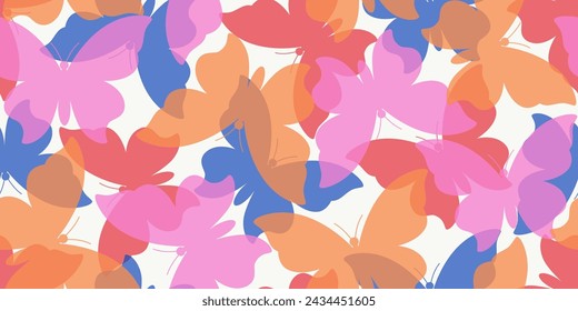 Risograph butterfly seamless pattern. Overlapping insect shapes repeated ornament. Vector illustration for wallpaper, textile, fabric, background, packaging, cover.