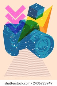 Risograph Camera, Photographic Equipment with geometric shapes. Objects in trendy riso graph print texture style design with geometry elements.