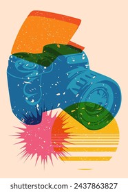 Risograph Camera with speech bubble with geometric shapes. Objects in trendy riso graph print texture style design with geometry elements.