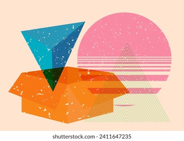 Risograph Cardboard Box with geometric shapes. Objects in trendy riso graph print texture style design with geometry elements.