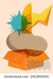Caja de cartón de Risograph con burbuja de voz con formas geométricas. Objetos en diseño de estilo de textura de impresión del gráfico de riso con elementos geométricos.