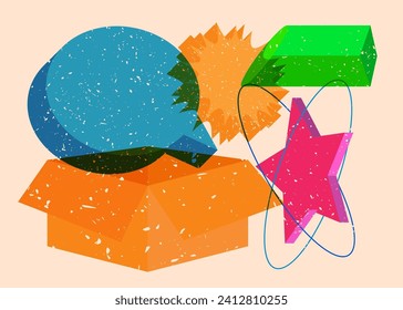 Risograph Cardboard Box with speech bubble with geometric shapes. Objects in trendy riso graph print texture style design with geometry elements.