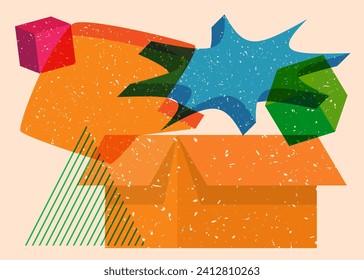 Risograph Cardboard Box with speech bubble with geometric shapes. Objects in trendy riso graph print texture style design with geometry elements.