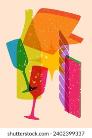 Risograph Champagne Bottle and Drinking Glass with speech bubble and geometric shapes. Objects in trendy riso graph print texture style design with geometry elements.