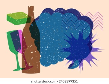 Risograph Champagner Flasche und Drink Glas mit Sprache Blase und geometrischen Formen. Objekte in trendigem Riso Graphen Print Textur Stil Design mit Geometrie Elemente.