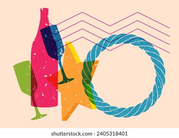 Risograph Champagne glass and bottle with geometric shapes. Objects in trendy riso graph print texture style design with geometry elements.