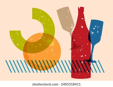 Risograph Champagne glass and bottle with geometric shapes. Objects in trendy riso graph print texture style design with geometry elements.