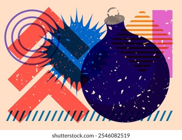 Risograph Christmas decoration ball with geometric shapes. Objects in trendy riso graph print texture style design with geometry elements.