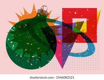 Risograph Christmas decoration ball with geometric shapes. Objects in trendy riso graph print texture style design with geometry elements.