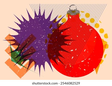 Risograph Christmas decoration ball with geometric shapes. Objects in trendy riso graph print texture style design with geometry elements.