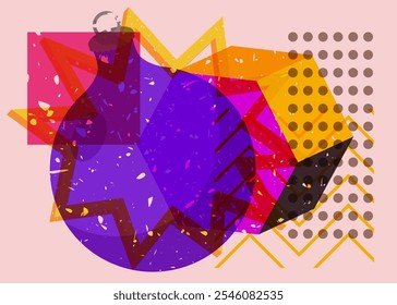 Risograph Christmas decoration ball with geometric shapes. Objects in trendy riso graph print texture style design with geometry elements.