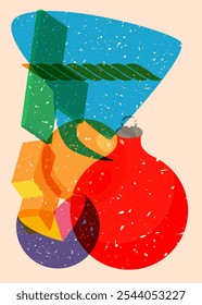 Risograph Christmas decoration ball with speech bubble with geometric shapes. Objects in trendy riso graph print texture style design with geometry elements.