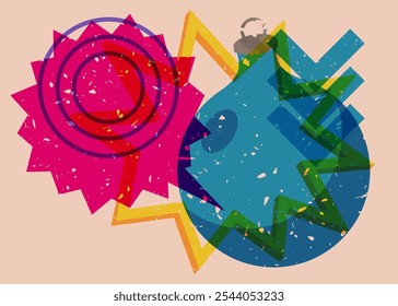 Risograph Christmas decoration ball with speech bubble with geometric shapes. Objects in trendy riso graph print texture style design with geometry elements.