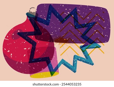 Risograph Christmas decoration ball with speech bubble with geometric shapes. Objects in trendy riso graph print texture style design with geometry elements.