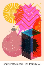 Risograph Christmas decoration ball with speech bubble with geometric shapes. Objects in trendy riso graph print texture style design with geometry elements.