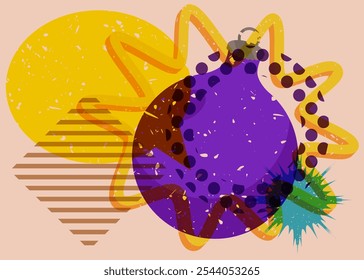 Risograph Christmas decoration ball with speech bubble with geometric shapes. Objects in trendy riso graph print texture style design with geometry elements.