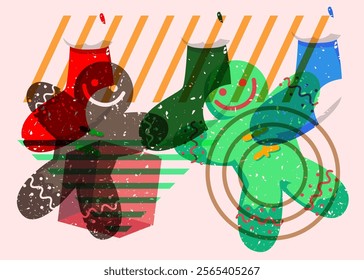 Risograph Christmas stocking and Gingerbread Man Cookie with geometric shapes. Objects in trendy riso graph print texture style design with geometry elements.