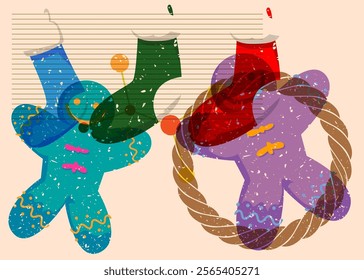 Risograph Christmas stocking and Gingerbread Man Cookie with geometric shapes. Objects in trendy riso graph print texture style design with geometry elements.