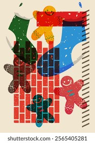 Risograph Christmas stocking and Gingerbread Man Cookie with geometric shapes. Objects in trendy riso graph print texture style design with geometry elements.