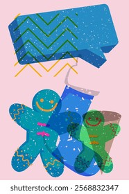 Risograph Christmas stocking and Gingerbread Man Cookie with speech bubble with geometric shapes. Objects in trendy riso graph print texture style design with geometry elements.