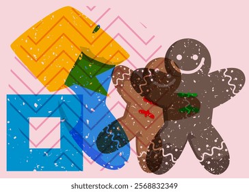 Risograph Christmas stocking and Gingerbread Man Cookie with speech bubble with geometric shapes. Objects in trendy riso graph print texture style design with geometry elements.