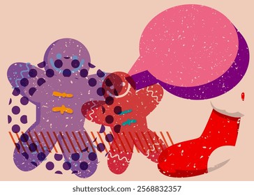 Risograph Christmas stocking and Gingerbread Man Cookie with speech bubble with geometric shapes. Objects in trendy riso graph print texture style design with geometry elements.