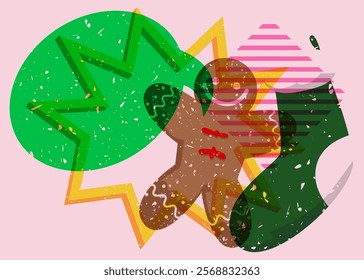 Risograph Christmas stocking and Gingerbread Man Cookie with speech bubble with geometric shapes. Objects in trendy riso graph print texture style design with geometry elements.