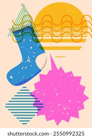 Risograph Christmas stocking with speech bubble with geometric shapes. Objects in trendy riso graph print texture style design with geometry elements.