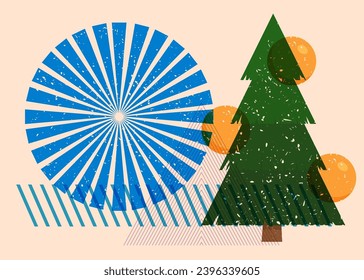 Risograph Christmas Tree with geometric shapes. Pine tree and objects in trendy riso graph print texture style design with geometry elements.