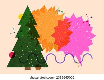 Risograph Christmas Tree with speech bubble with geometric shapes. Pine Tree in trendy riso graph print texture style design with geometry elements.