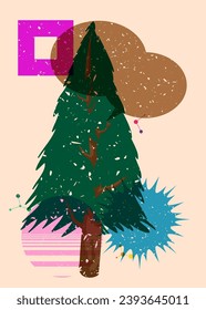 Risograph Christmas Tree with speech bubble with geometric shapes. Pine Tree in trendy riso graph print texture style design with geometry elements.