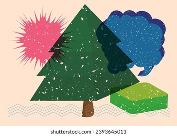 Risograph Christmas Tree with speech bubble with geometric shapes. Pine Tree in trendy riso graph print texture style design with geometry elements.