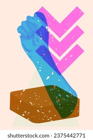Risograph clenched, raised fists with geometric shapes, trendy riso graph design.