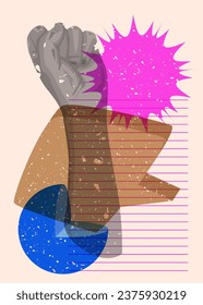 Risograph clenched, raised fists with speech bubble and geometric shapes, trendy riso graph design.
