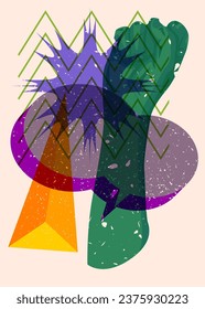 Risograph clenched, raised fists with speech bubble and geometric shapes, trendy riso graph design.